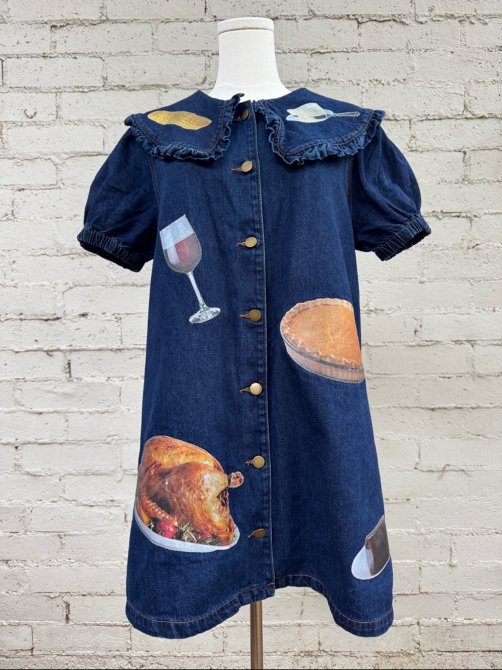 Cider Peter Pan Collar Denim Mini Dress Upcycled Thanksgiving Patches Size M